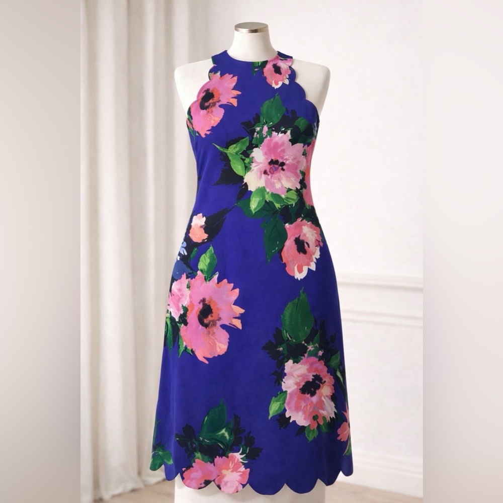 Floral Halter A-Line Dress in Royal Blue and Pink